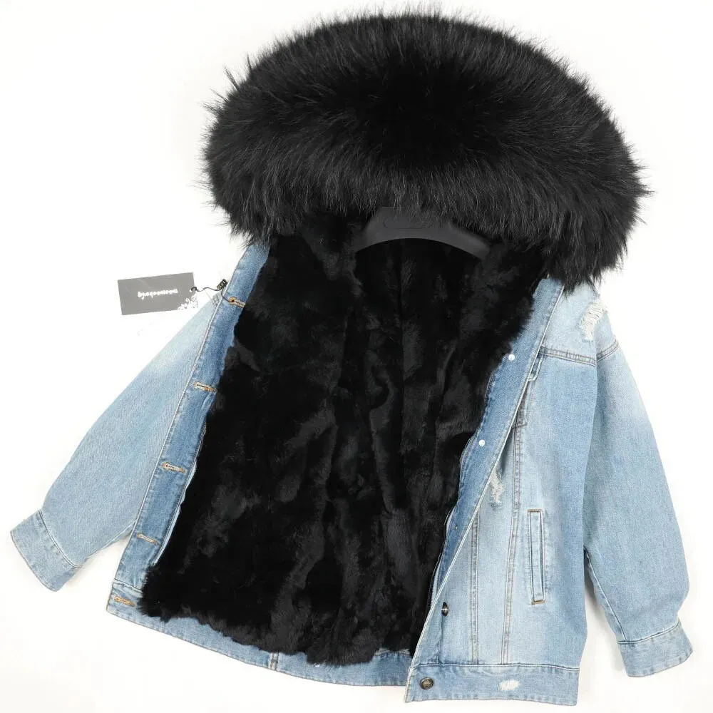 Winter Denim Jacket Parka Winter Women Parkas Real Fur Collar Coat Natural Raccoon Fur Hood Real Rabbit Fur Liner Luxury