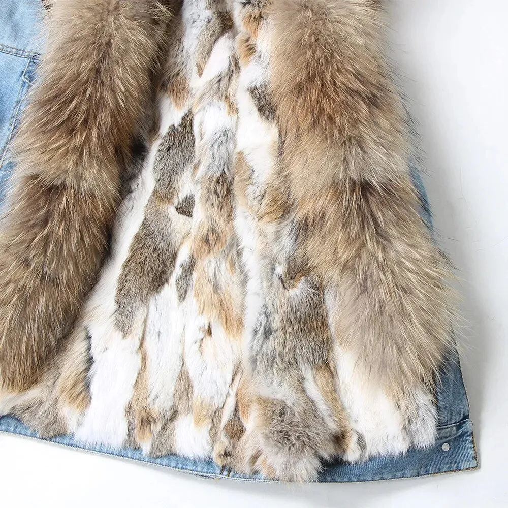 Winter Denim Jacket Parka Winter Women Parkas Real Fur Collar Coat Natural Raccoon Fur Hood Real Rabbit Fur Liner Luxury