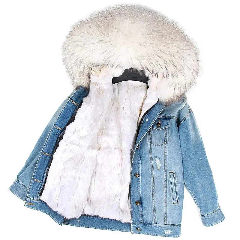 Winter Denim Jacket Parka Winter Women Parkas Real Fur Collar Coat Natural Raccoon Fur Hood Real Rabbit Fur Liner Luxury