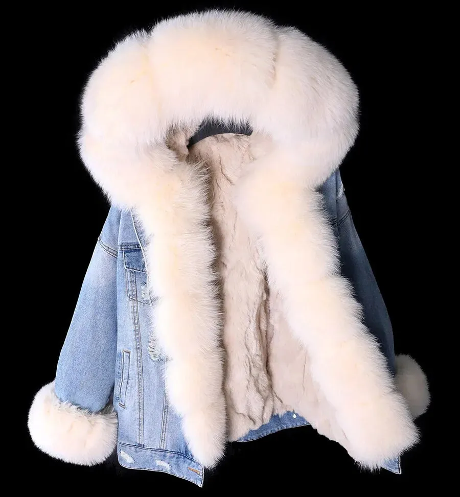 Winter Denim Jacket Parka Winter Women Parkas Real Fur Collar Coat Natural Raccoon Fur Hood Real Rabbit Fur Liner Luxury