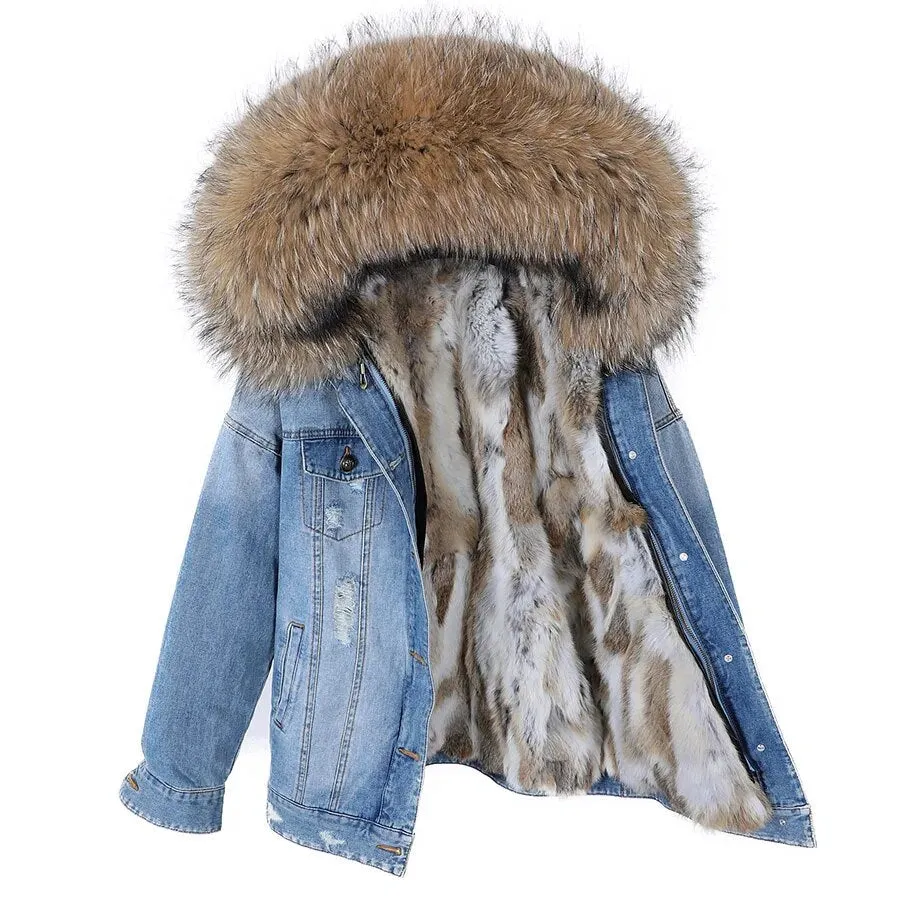 Winter Denim Jacket Parka Winter Women Parkas Real Fur Collar Coat Natural Raccoon Fur Hood Real Rabbit Fur Liner Luxury