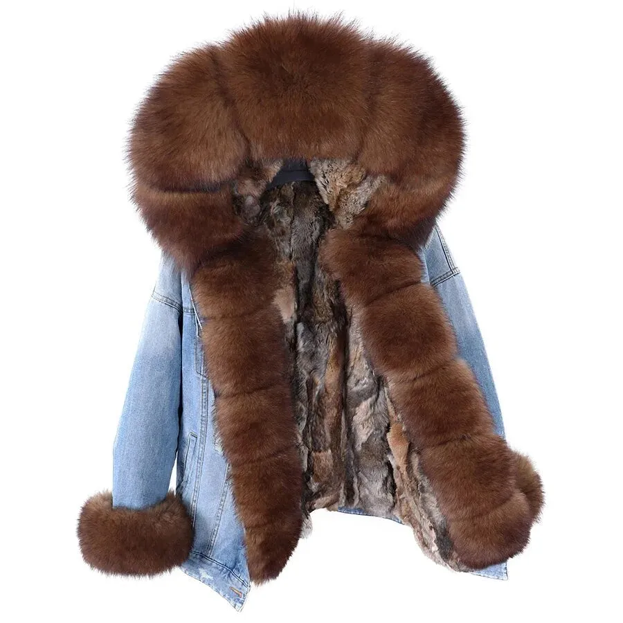 Winter Denim Jacket Parka Winter Women Parkas Real Fur Collar Coat Natural Raccoon Fur Hood Real Rabbit Fur Liner Luxury