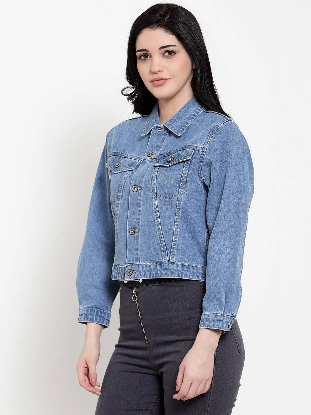 Women Blue Cotton Solid Jacket