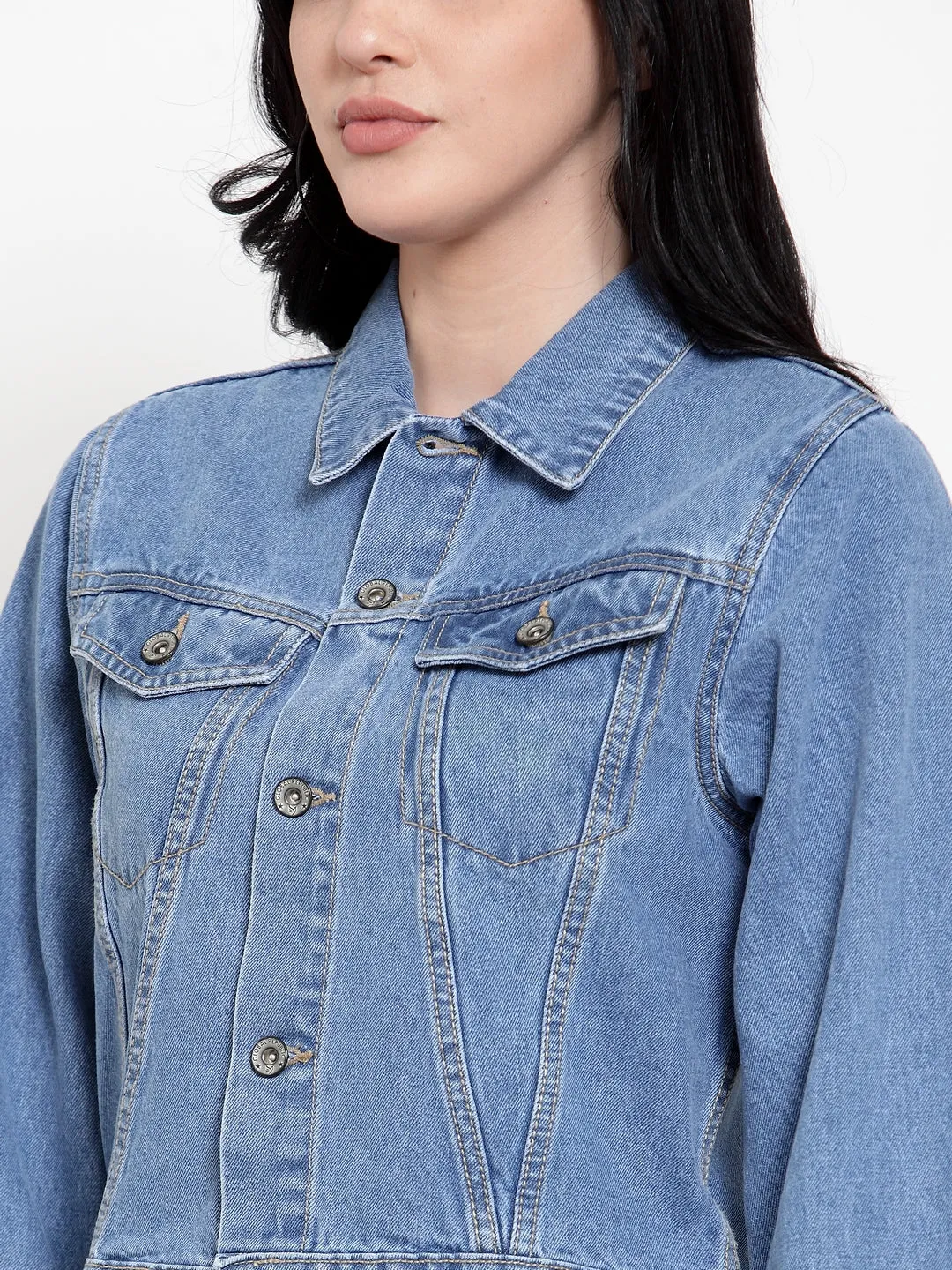 Women Blue Cotton Solid Jacket