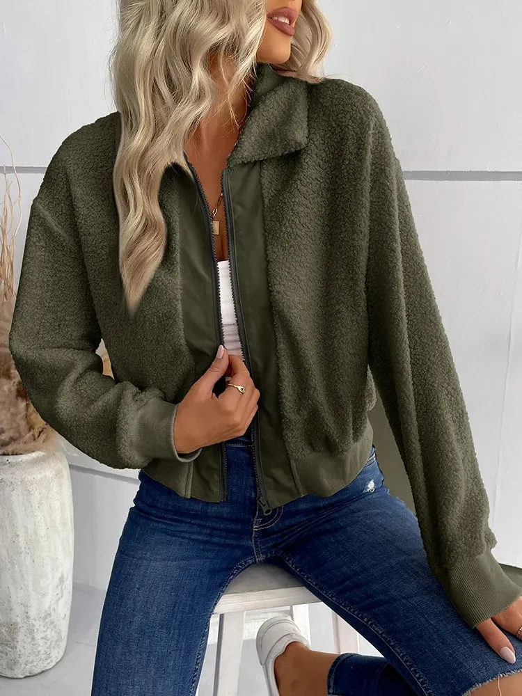 Women Winter Sherpa Lapel Collar Zipper Blouses Tops Casual Shirt Female Clothes Outwear Fashion Coat