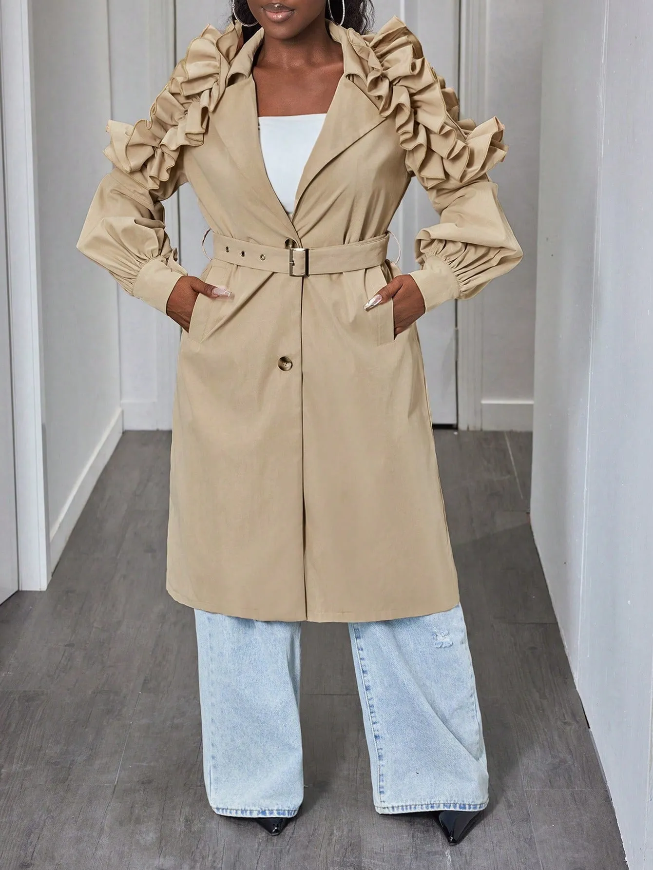 Women's New Trendy Sleeve Floral Lace Back Slit Mid-Length Trench Coat