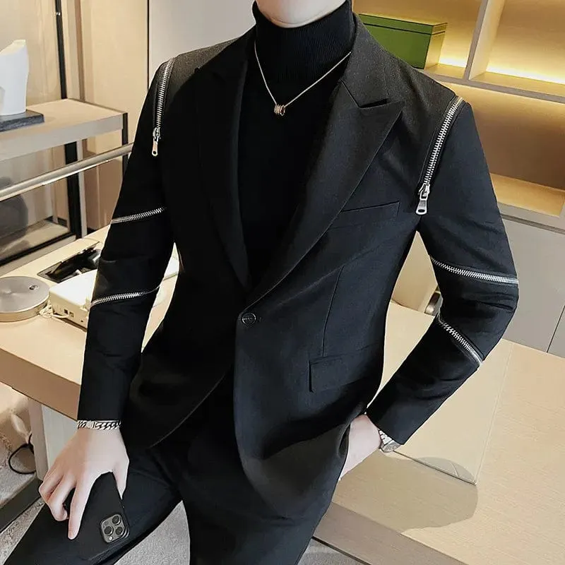 Zipper Decoration Blazer Men's Smart Slim Casual Suit Jacket